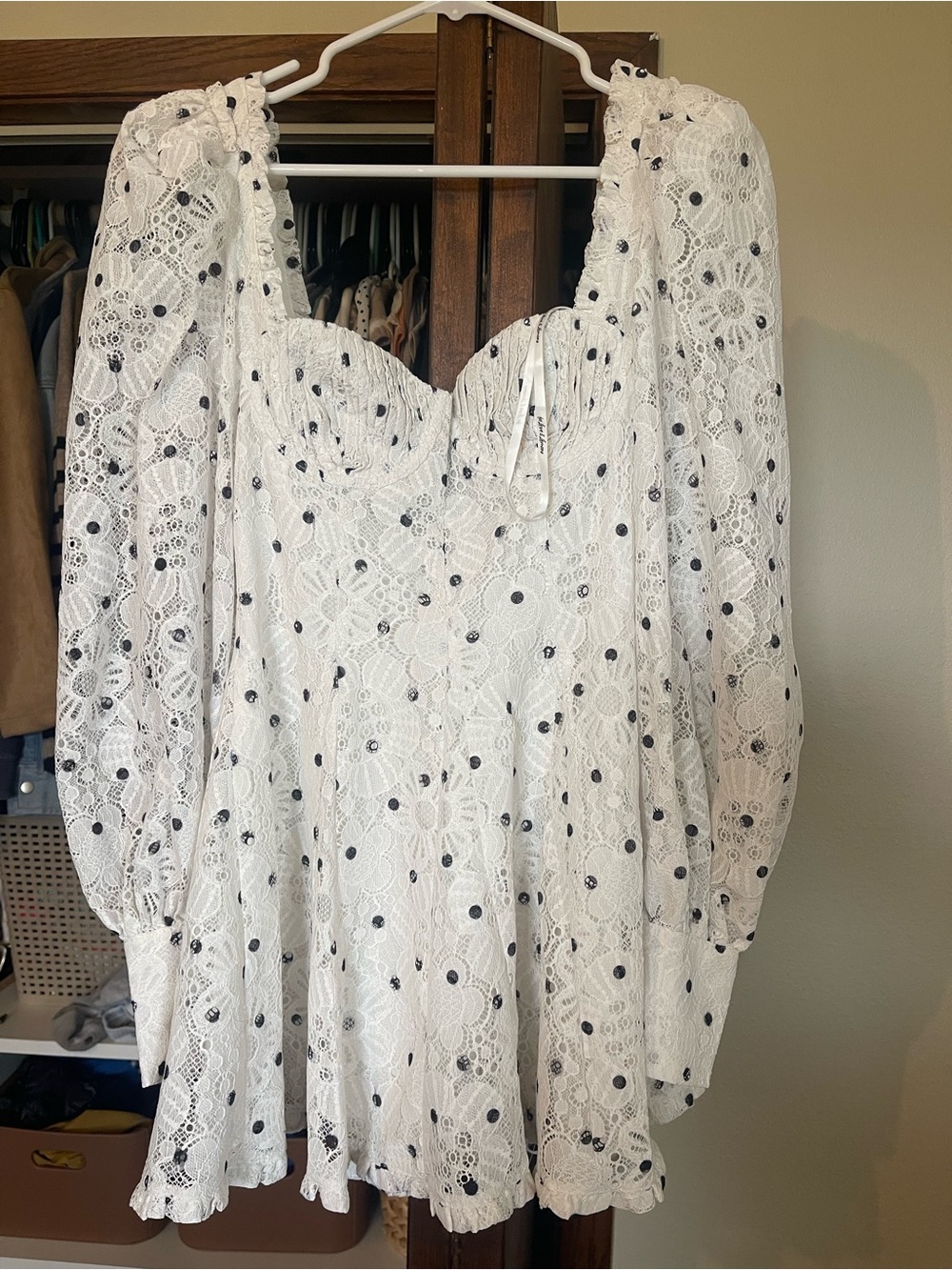 For Love & Lemons White Lace Mini Dress with Black Dot Accents